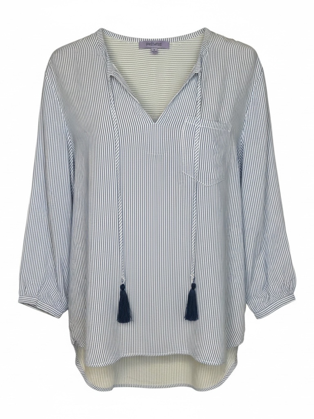 Small Blue White Striped Blouse Coastal Tassel Tie V Neck Top Nautical Summer